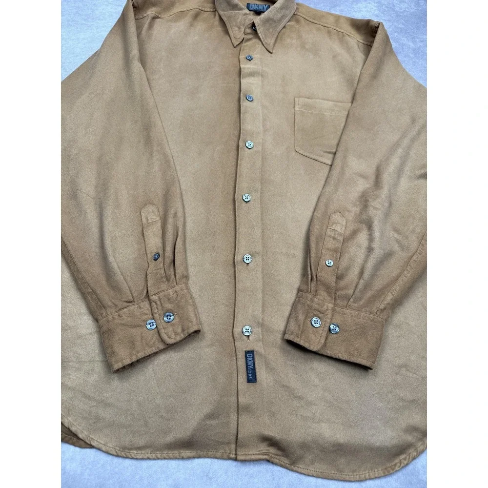 VTG DKNY Shirt Mens XL Brown Button Long Sleeve Faux Suede Pocket 90s Minimalist